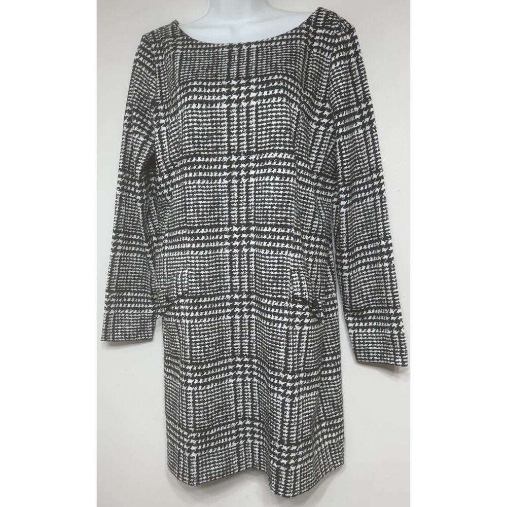 Ann Taylor Loft Shift Dress Women’s 14 Knit Long Sleeve Black Houndstooth NEW - Picture 2 of 12